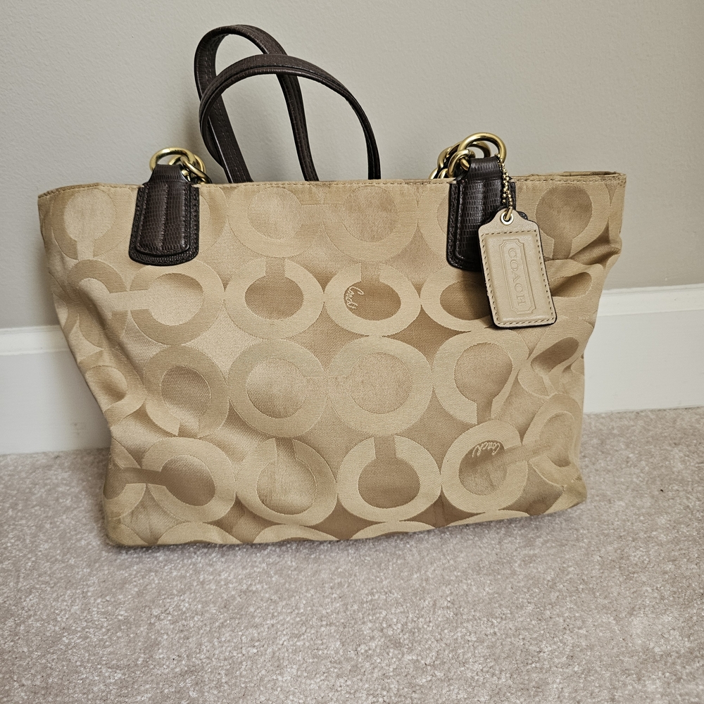 Coach Signature Tote Khaki Brown Leather Trim Chain Straps - Picture 10 of 10